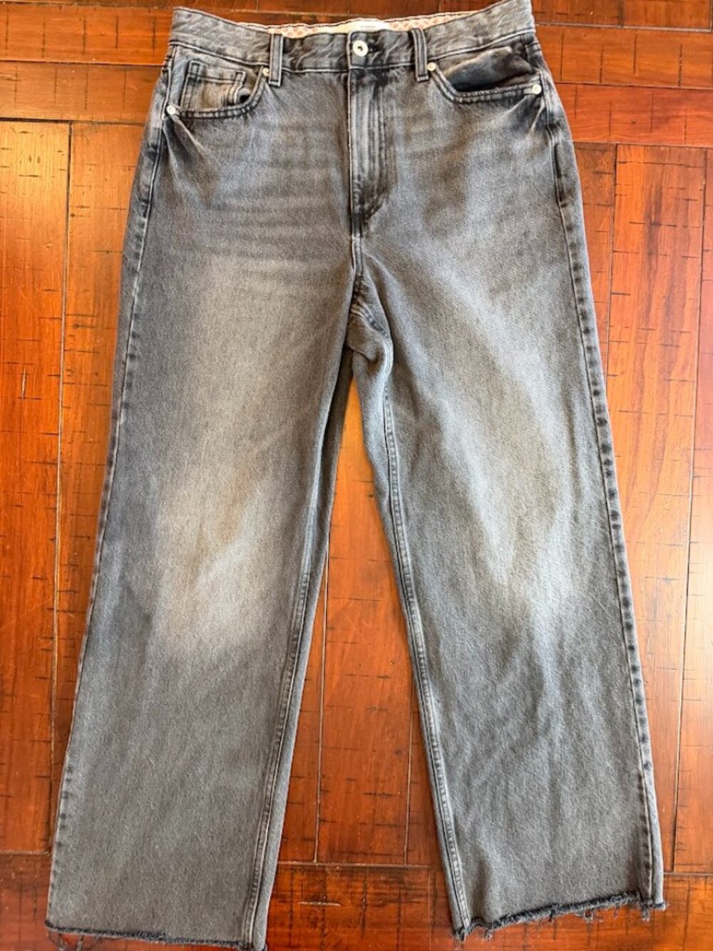 River Island Relaxed Straight Jeans Grey Washed Raw Hem High Rise UK 12S US 8S